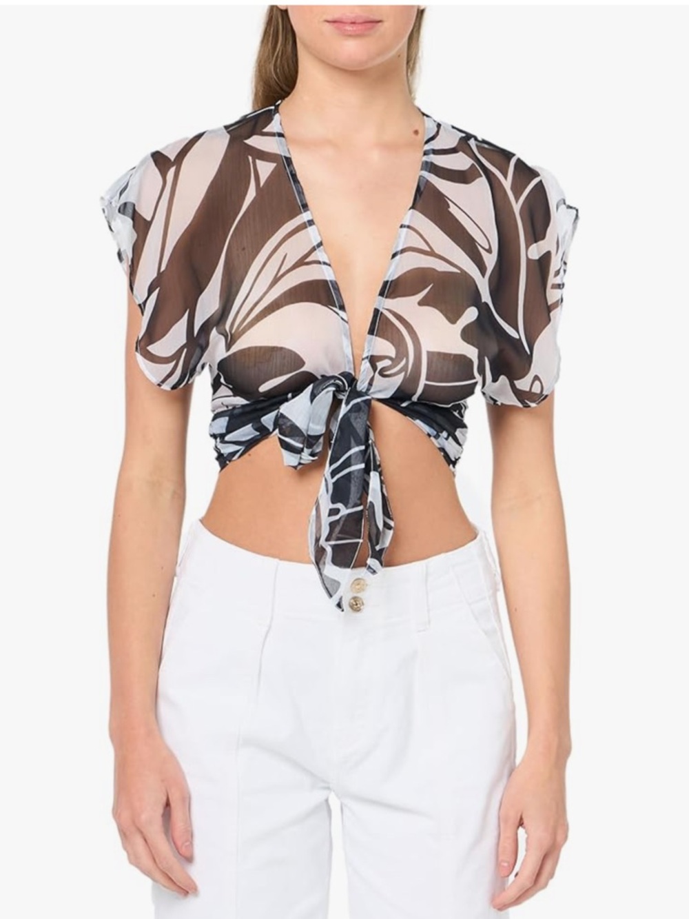 Ramy Brook Sheer Abstract Tie-Front Crop Top in Black and White
